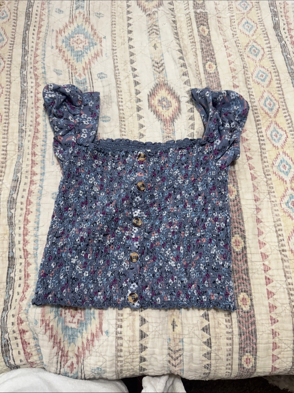 Target Blue Floral Smocked Button-Front Crop Top